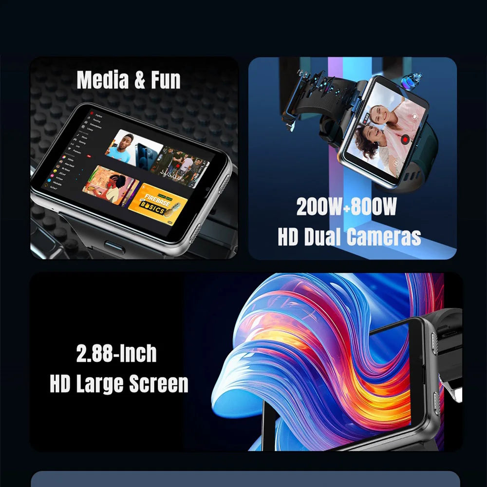 4G Smart Watch Android 11 Smartwatch Health Clock 2MP/8MP Dual Camera 4GB RAM 64GB ROM 2300MAh GPS WIFI Compass 2.88" Watches