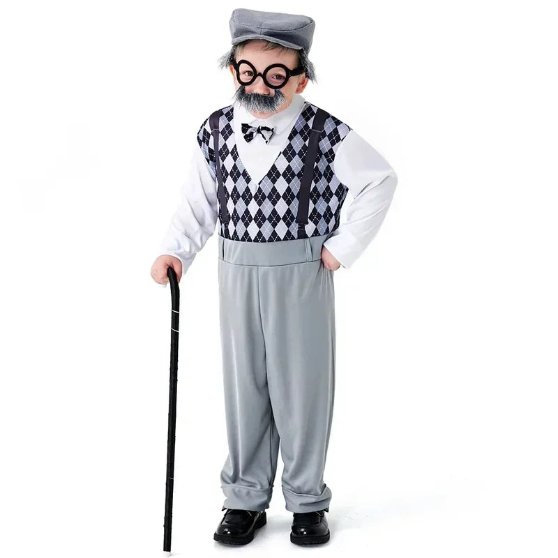 Halloween Costumes Boys Girls Old Man Costume for Kids Children 100th Day of School Grandpa Cosplay Carnival Party Fancy Dress