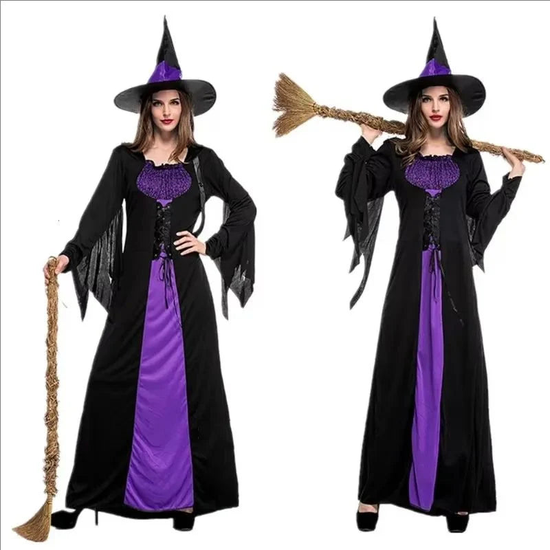 Halloween Gothic Witch Cosplay Costumes Women Sexy Witch Dress With Hat Carnival Party Performese Clothes