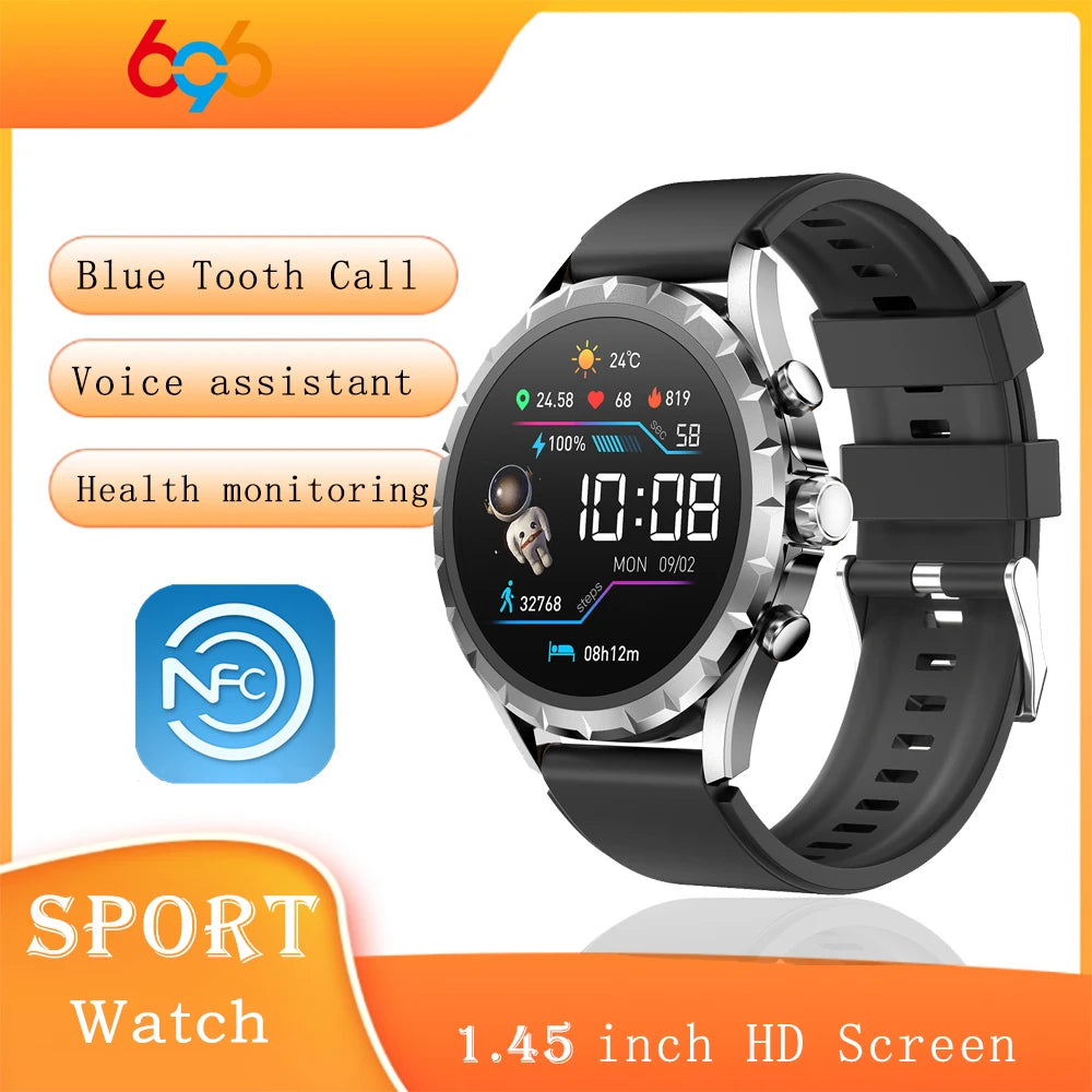 Smart Watches 1.45" Men Outdoor Sports Blue Tooth Call Heart Rate Health Smartwatch Waterproof NFC Music Information Reminder