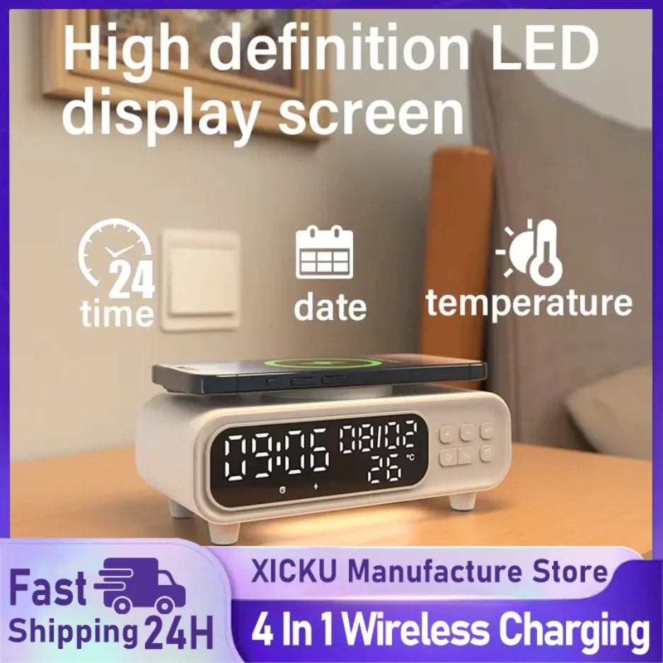 Wireless Charger Time Alarm Clock LED Night Light Thermometer Earphone Phone Chargers Fast Charging Dock Station For iPhone