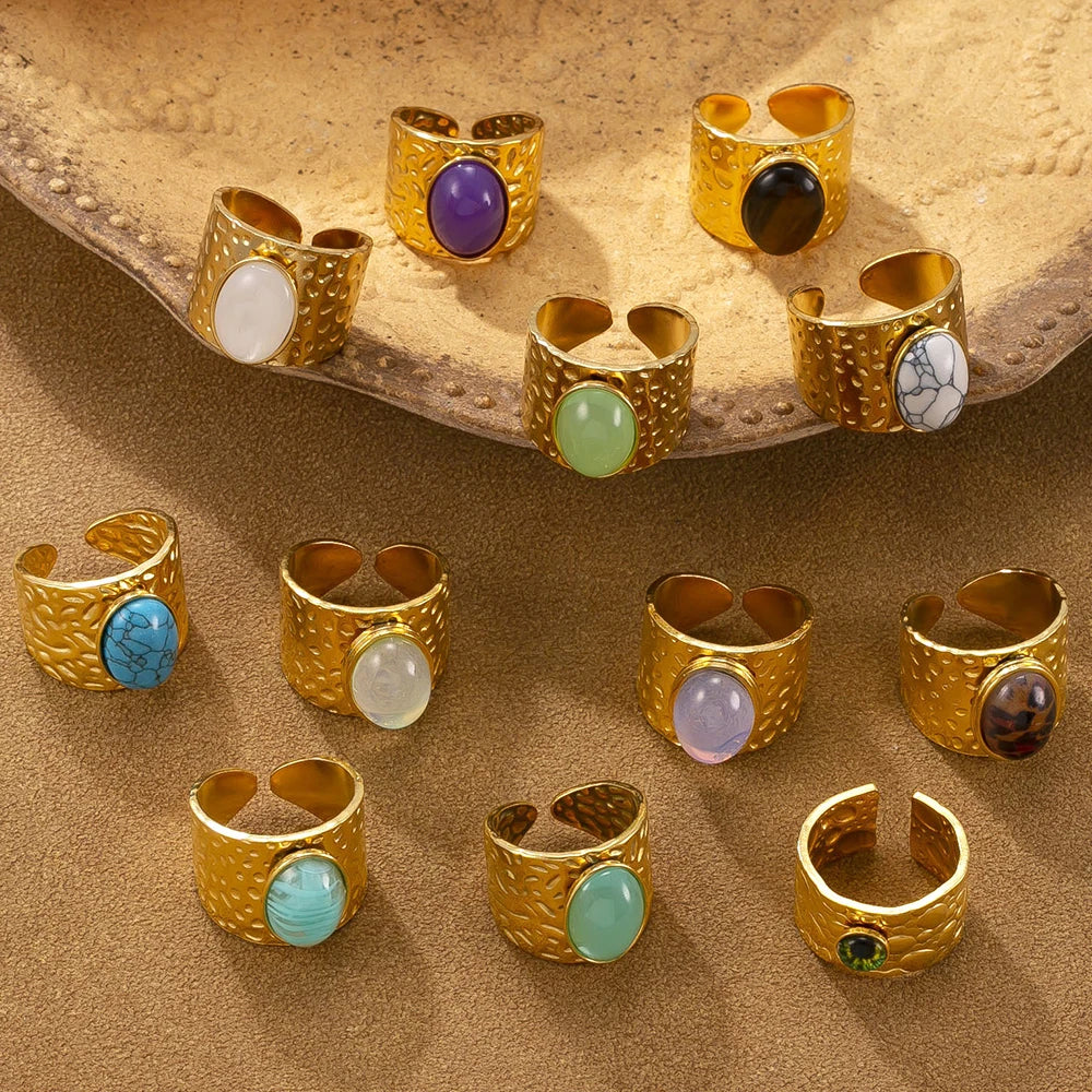 Fashion Stainless Steel Round Natural Stone Green Turquoise Malachite Geometric Ring Women Bohemian Vintage Jewelry