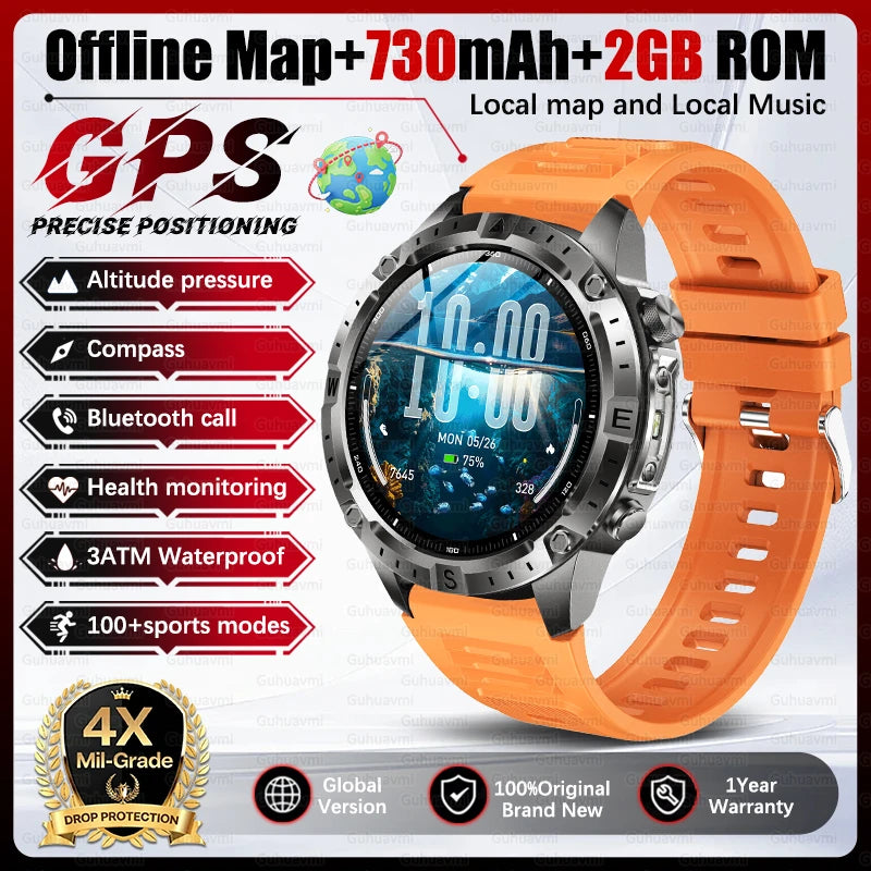 Dual-Band GPS Smart Watch Men Tactical Military Grade 1.43" AMOLED Offline Map 100+Sports 3ATM Waterproof 730mAh Battery Watches
