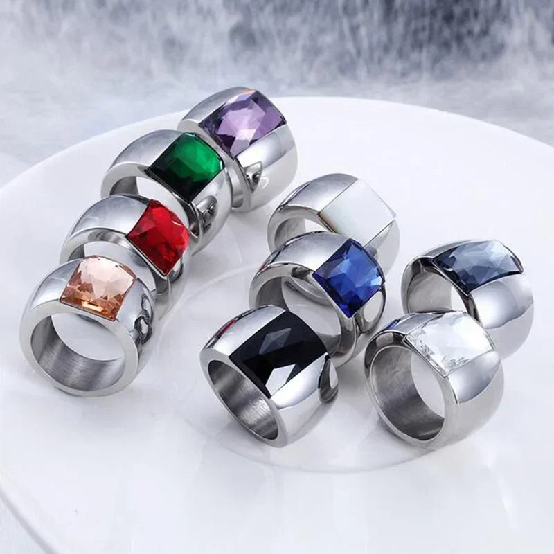 Women Fashion Stainless Steel Ring Quality Austrian Crystal Blue Green Red Stone Ring Female Titanium Gold Color Wedding Ring