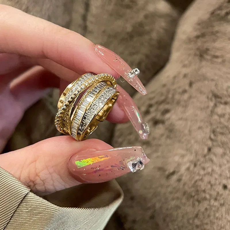 Luxury Gold Silver Color Opening Rings Women Multi Cross Design Modern Fashion Female Accessories Bling Bling Adjustable Jewelry