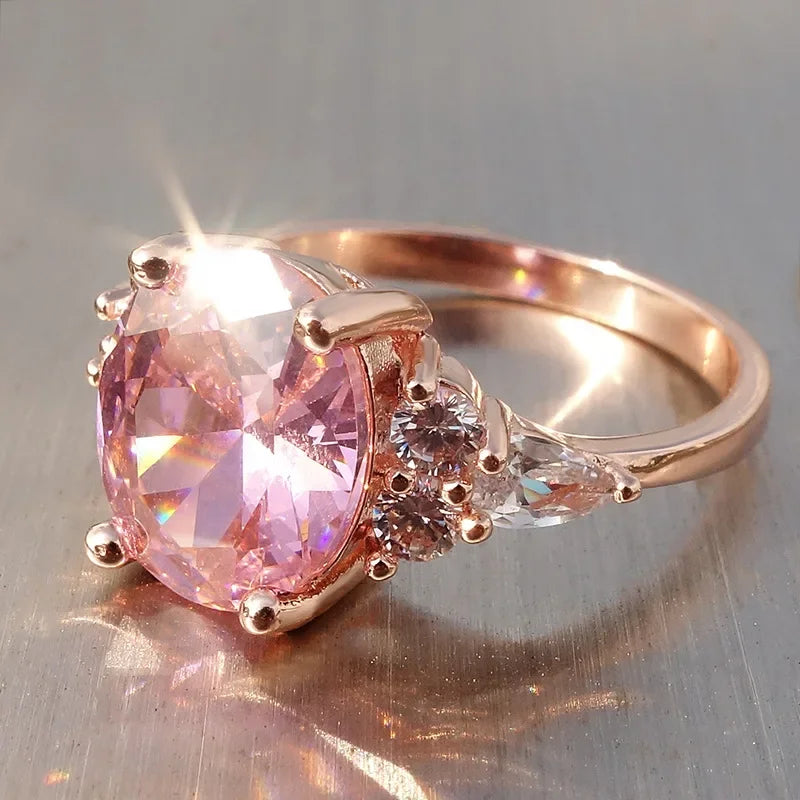 Pink Zircon Big Oval Stone Ring Female Shining Crystal Engagement Rings for Women Vintage Rose Gold Silver Color Wedding Jewelry