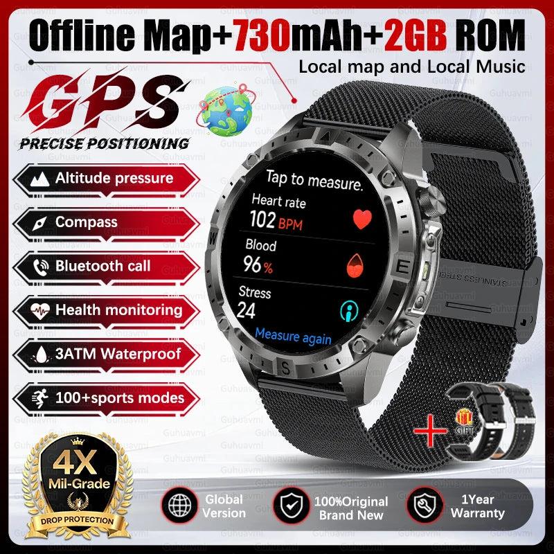 Dual-Band GPS Smart Watch Men Tactical Military Grade 1.43" AMOLED Offline Map 100+Sports 3ATM Waterproof 730mAh Battery Watches
