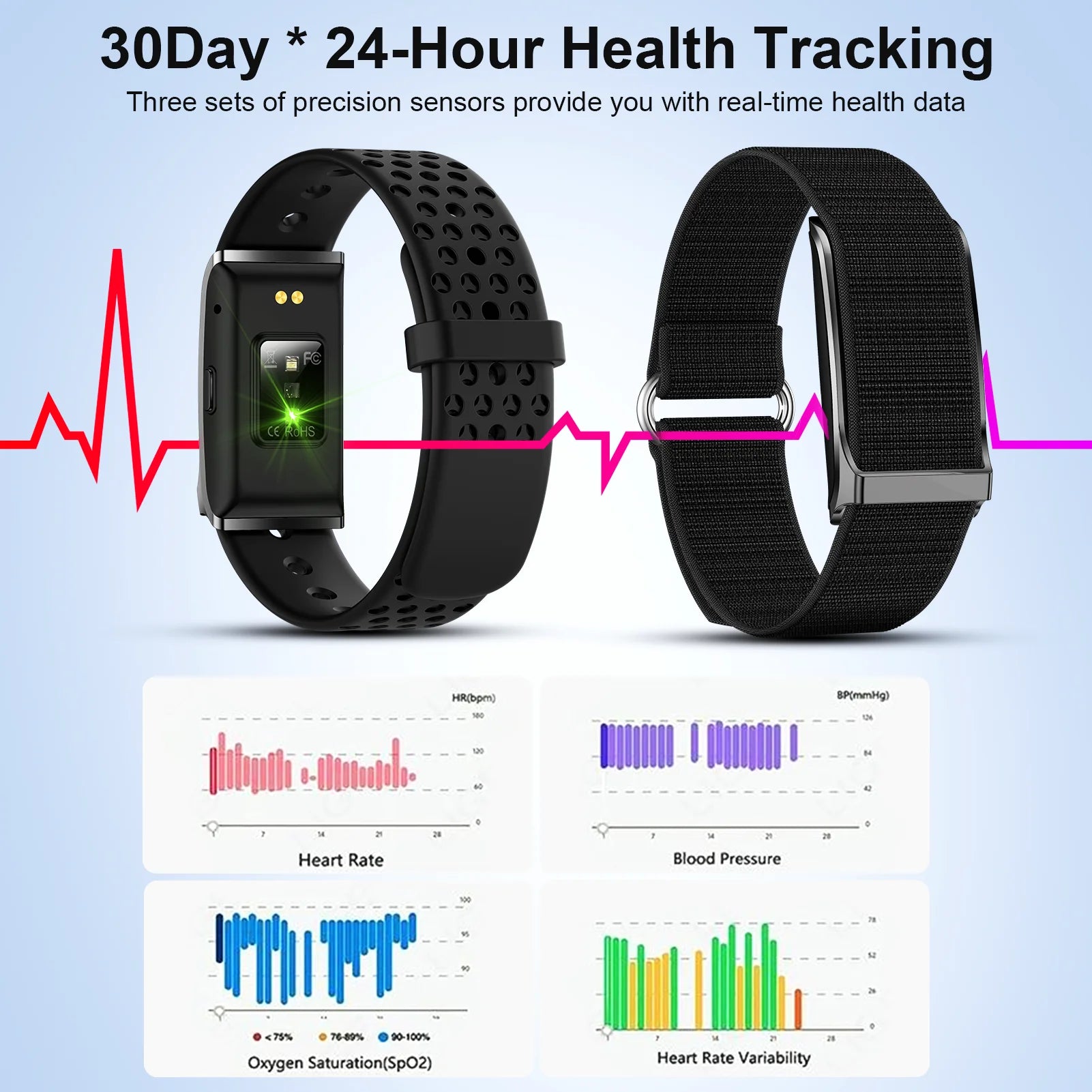 Smart Bracelet Women Men Heart Rate Blood Pressure SpO2 Sleep Tracker Activity & Fitness Trackers 170+ Sports Modes Wristbands