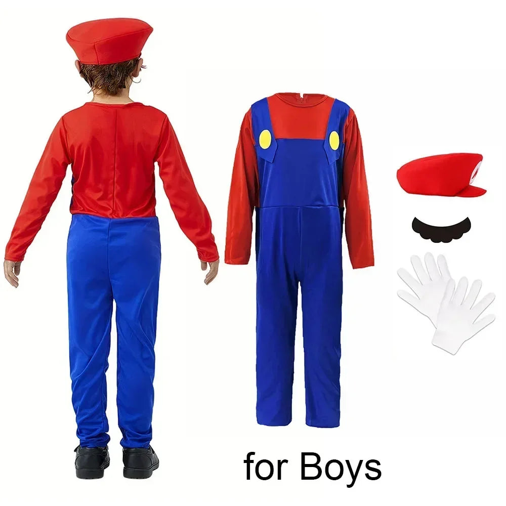 Halloween   Plumber Bros Cosplay Costumes Funny Halloween Carnival Outfits for Men Women Fancy Jumpsuit with Hat Mustache Gloves