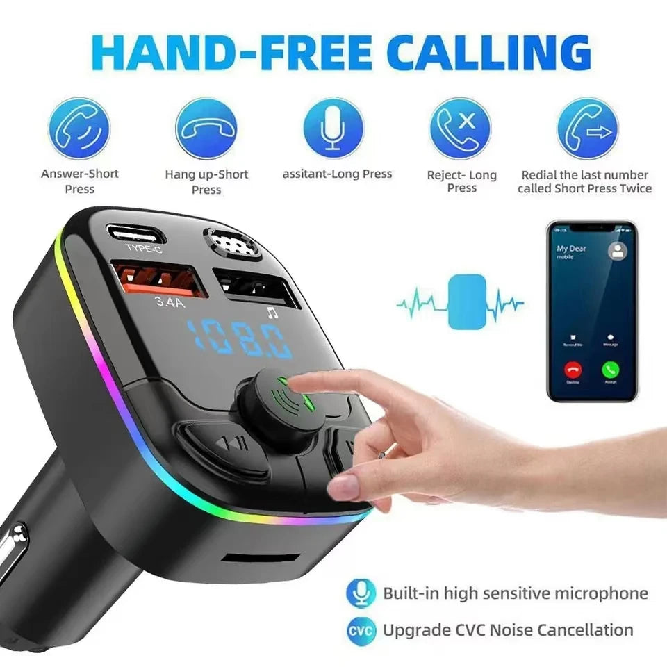 Car Charger Bluetooth 5.0 FM Transmitter PD Type-C Dual USB Ambient Player MP3 Charger Type-C Wireless Light Handsfree
