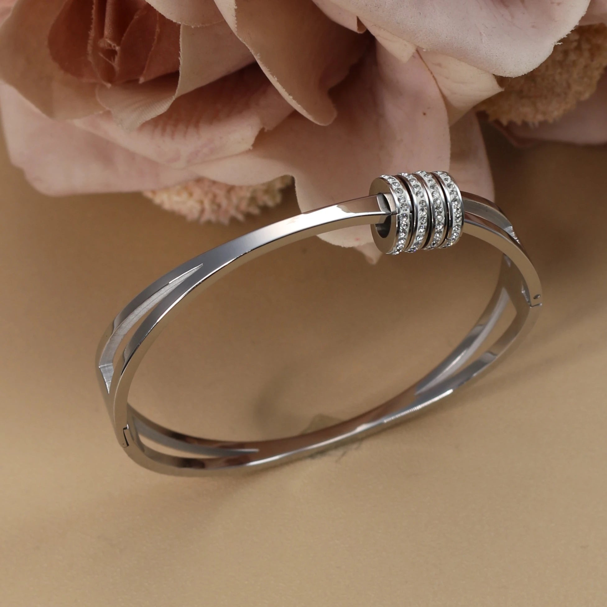 XB-133 New Stainless Steel Jewelry Crystal Bracelets Half Face Hollow Design Bangle For Women's Love Gifts Wholesale