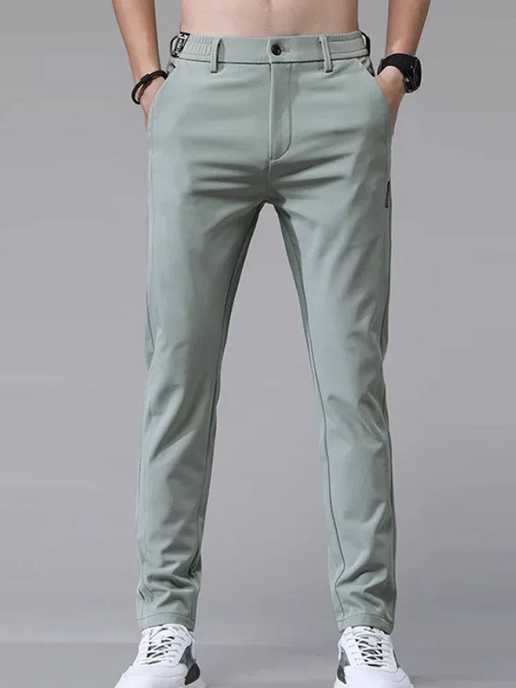 2025 New Summer Ultra-thin Men's Casual Pants Breathable Soft Ice Silk Elastic Straight Business Trousers Black Gray