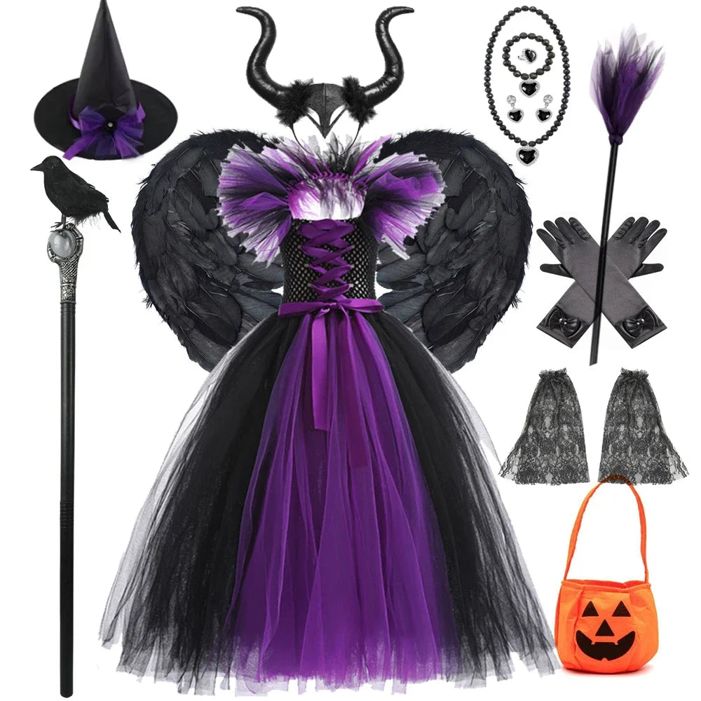 Halloween Costume Kids Maleficent Cosplay Dress Children Disguise Outfits Girls Ceremonial Luxury Floor Length Elegant Gown