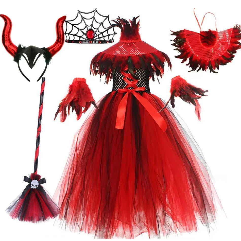 Halloween Vampire Costume for Girls Devil Witch Gothic Puffy Mesh Clothes Demon Vampires Queen Cosplay Carnival Party Dress