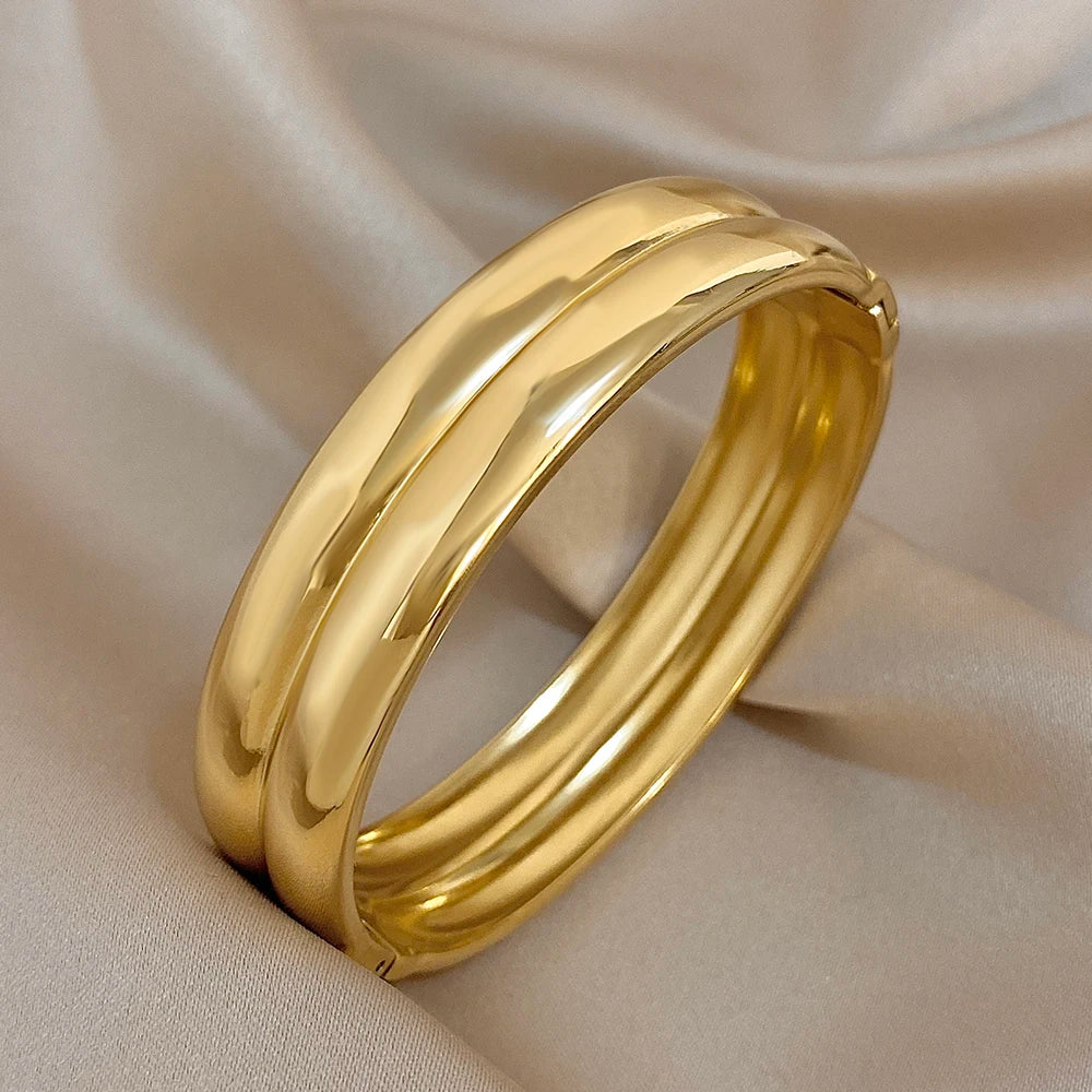 Glossy Gold Plated Stainless Steel Bangle Bracelets for Women Minimalist Doublelayer Circle Cuff Bracelet Waterproof Jewelry