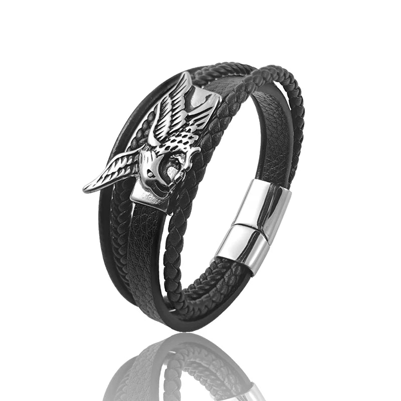 New Fashion Men Bracelet Hand Homme Eagle Bracelets Woven Hand Jewelry For Stainless Steel Magnet Clasp Leather Bangles Gift