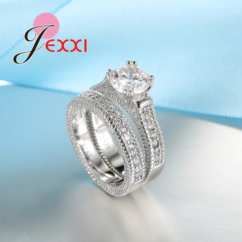 Elegance 925 Sterling Silver 2 PCS Ring Set Paved Full High Quality Shiny Crystals Anel For Women Bride Wedding Jewelry
