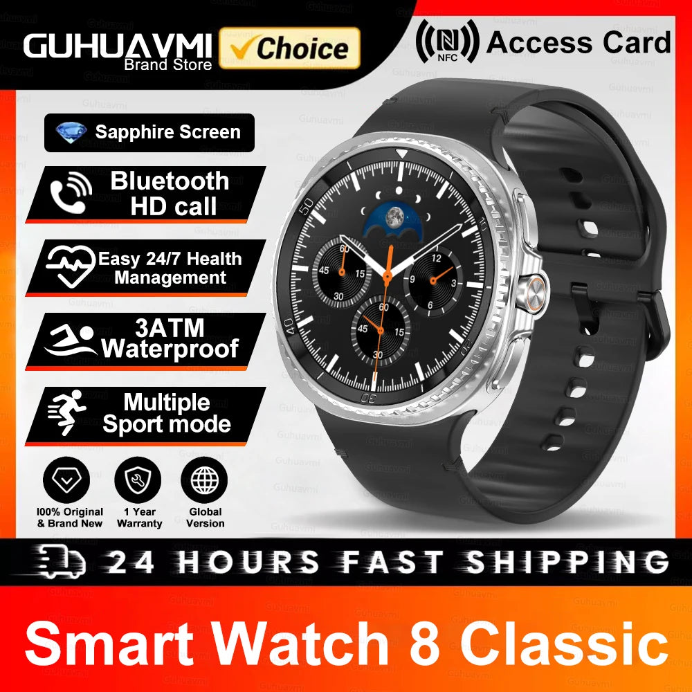 New Smart Watch 8 Classic Men HD Display Screen GPS BT Call Sports Fitness Waterproof Watch SmartWatch 1.32-inch For Android IOS
