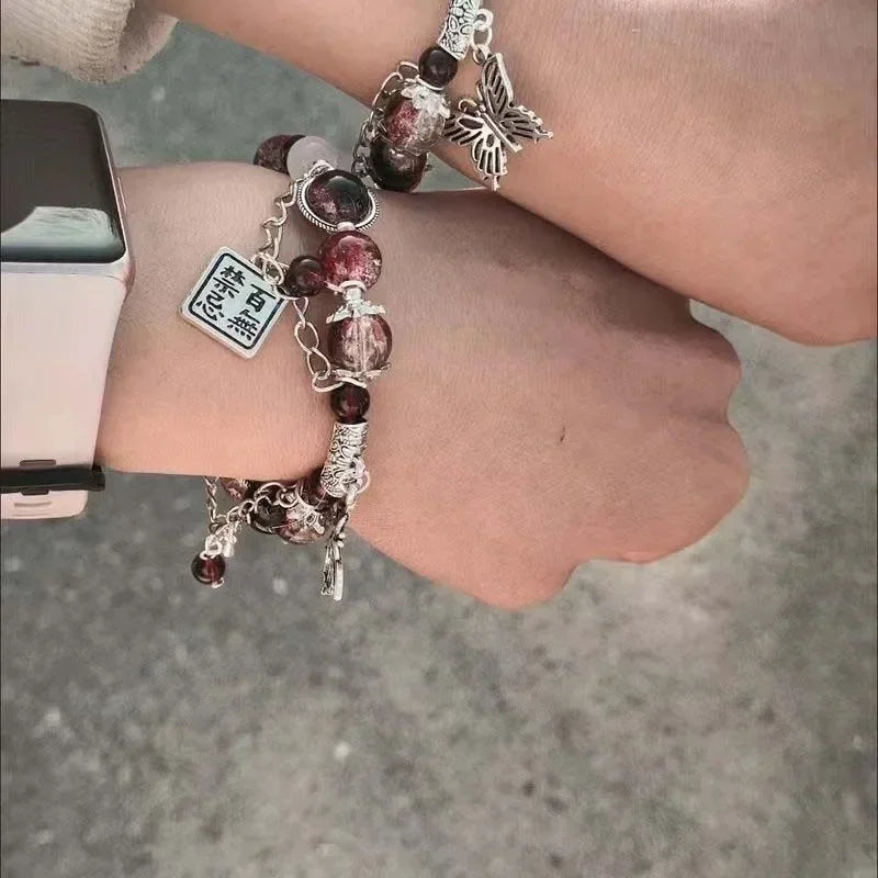 2024 New Trendy Red Beaded Chain Bracelet for Women Simple Hollow Butterfly Pendant Bracelets Jewelry Gifts Accessories