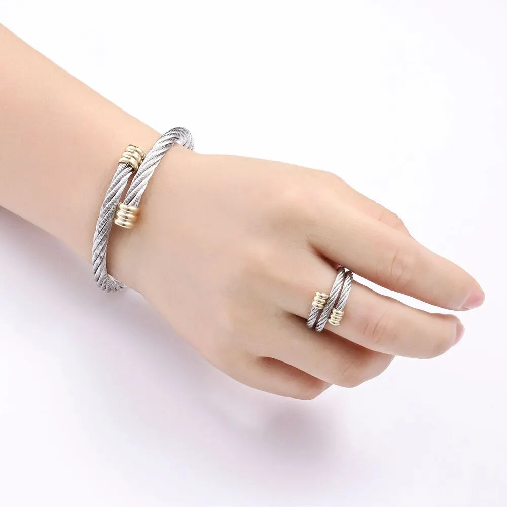 New Fashion Bangle Ring Set for Women Men Punk Stainless Steel Wrist Metal Bracelet No Fade Color Jewelry Accessories Gifts