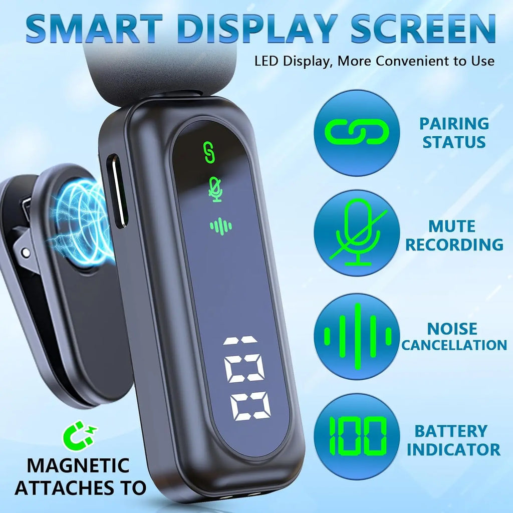 New Wireless Lavalier Microphone, Video Recording Clip-on Mics with Magnetic Mount &Noise Reduction for iPhone Android PC Live