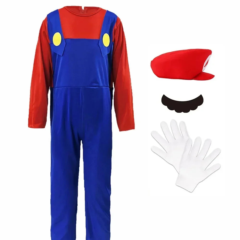 Halloween   Plumber Bros Cosplay Costumes Funny Halloween Carnival Outfits for Men Women Fancy Jumpsuit with Hat Mustache Gloves