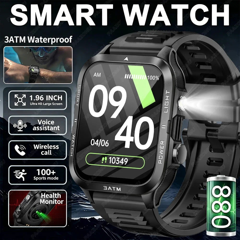 New Smartwatch 880MAH Ultra Battery 3ATM Waterproof 1.96''HD Screen Bluetooth Call Health Monitor Flashlight Sports Smart Watch