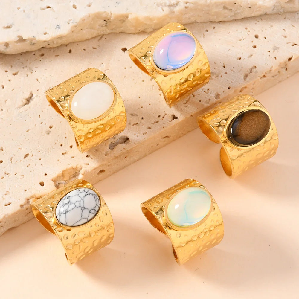 Fashion Stainless Steel Round Natural Stone Green Turquoise Malachite Geometric Ring Women Bohemian Vintage Jewelry