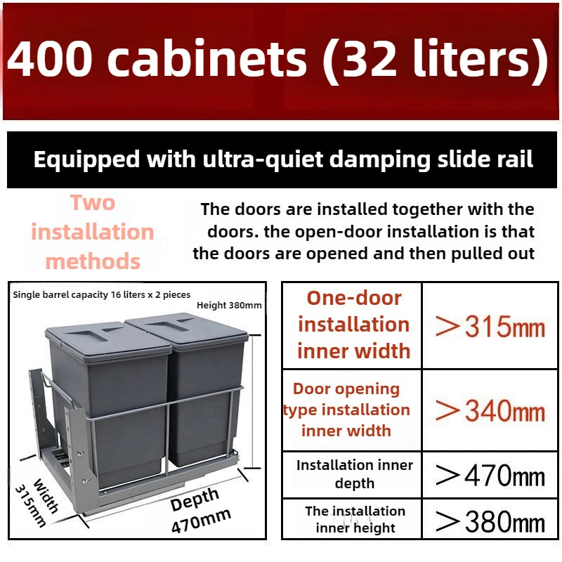 Kitchen Basket Hidden Recessed Trash Can with Lid Cabinet Big Compartment Waste Bins Sink Sorting Kitchen Storage Accessories