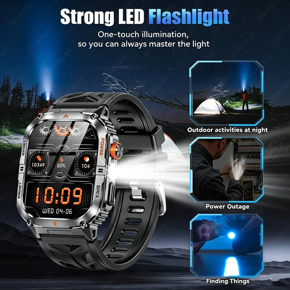 Outdoor Smart Watch for Men 1200mAh Battery LED Flashlight BT Calls Heart Rate 100+ Sports Modes Fitness Tracker for Android/iOS