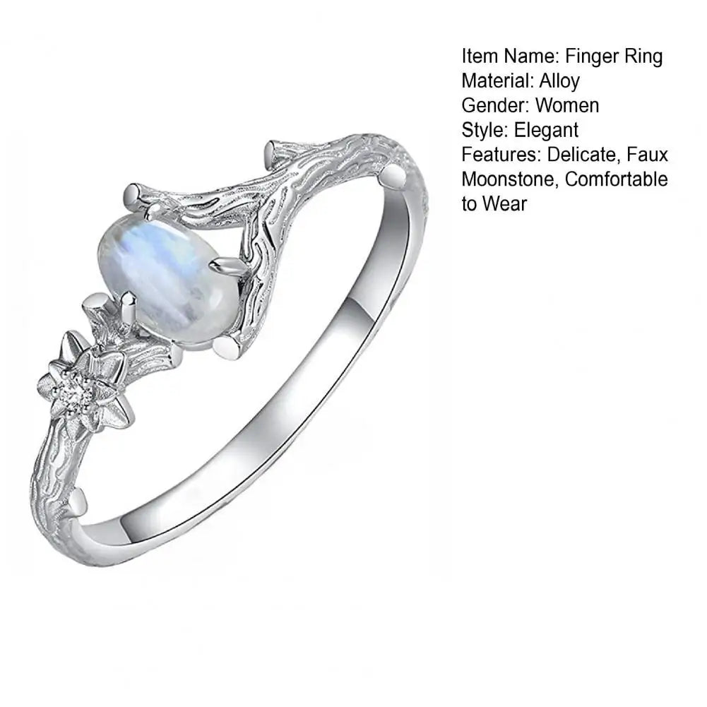 Women Ring Finger Ring Fashion Jewelry Natural Stone Silver Color Engraved Tree Branch Flower Vintage Faux Moonstone Inlaid