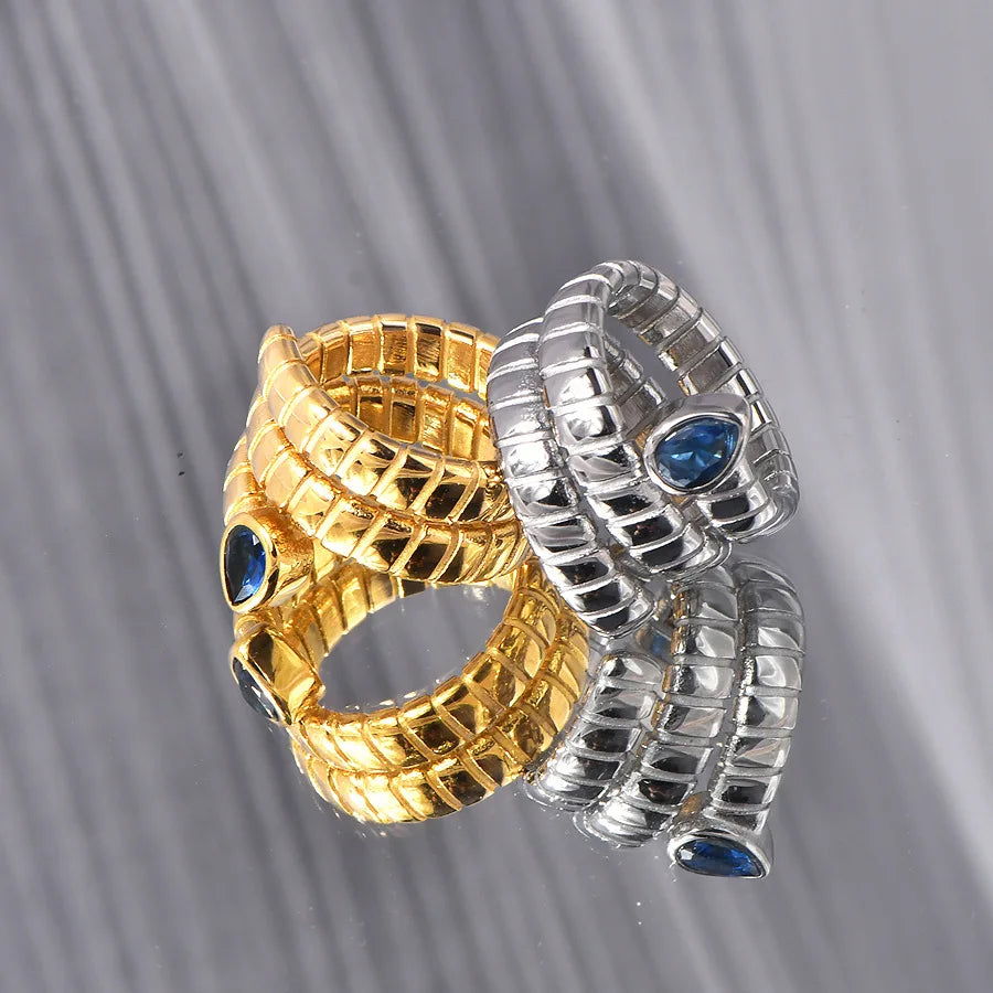 Tubogas Blue Stone Ring for Women Gold Plated Stainless Steel Wrap Cuff Ring