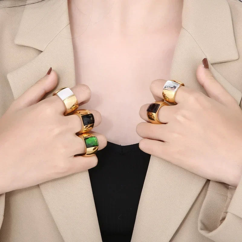 Women Fashion Stainless Steel Ring Quality Austrian Crystal Blue Green Red Stone Ring Female Titanium Gold Color Wedding Ring