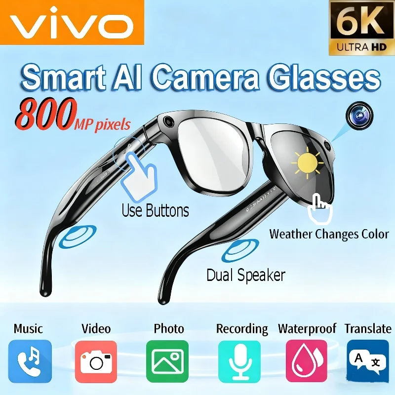 VIVO 6K HD AI Smart Glasses Chat GPT 100MP Camera Bluetooth Call 260Mah Battery Voice Assistant Control Smart Glasses 2025 New