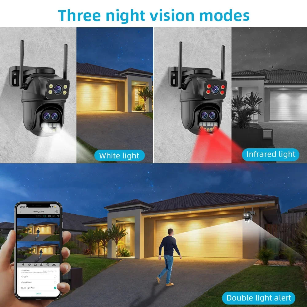 6K 12MP ICSEE Wifi Security Camera 3 Lens Dual Screen 8X Zoom Outdoor Waterproof Color Night Vision IP66 Surveillance Camera