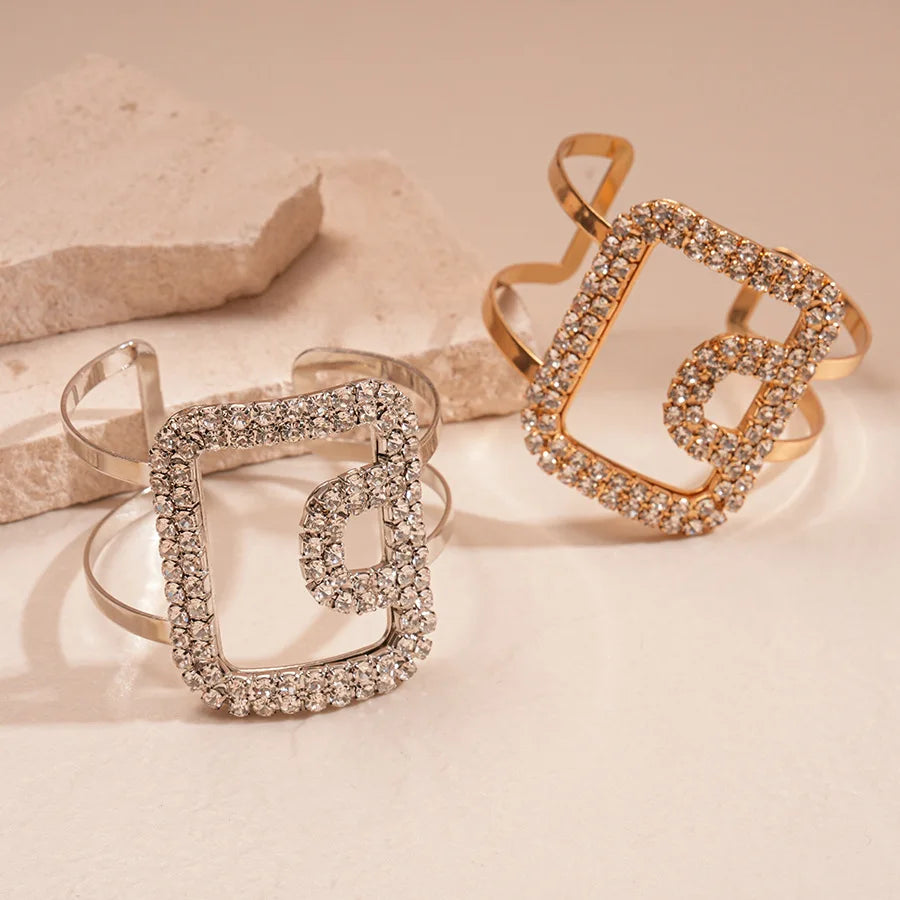 Fashion Metal Square Inlaid Rhinestone Bangles for Women Party Trendy Korean Delicate Bracelet Luxury Designer Jewelry Gifts