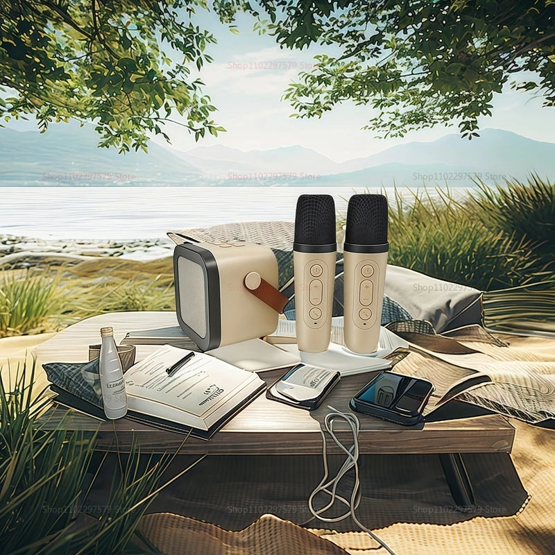 K12 Karaoke Microphone Set with 2 Wireless Microphones Bluetooth 5.3 PA Speaker for Kids Home KTV Singing Party Gift