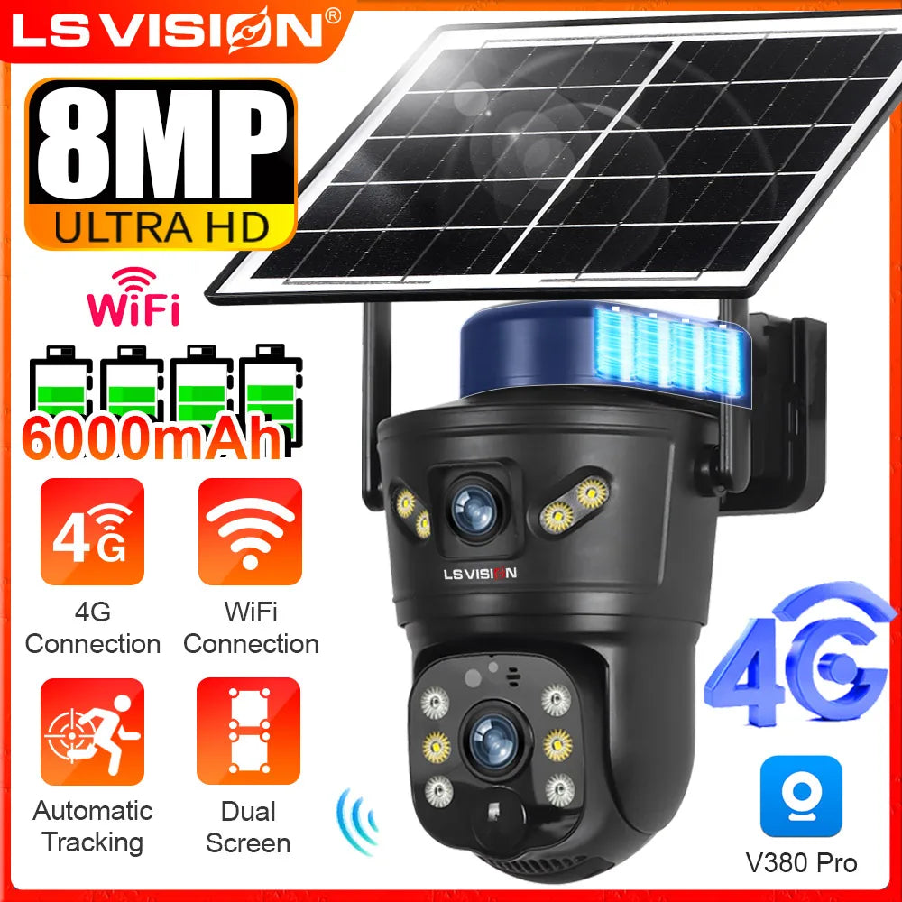 LS VISION 8MP 4G Solar Camera Outdoor WiFi Security Camera Dual Len PIR Night Vision Auto Tracking Waterproof  CCTV Monitor V380