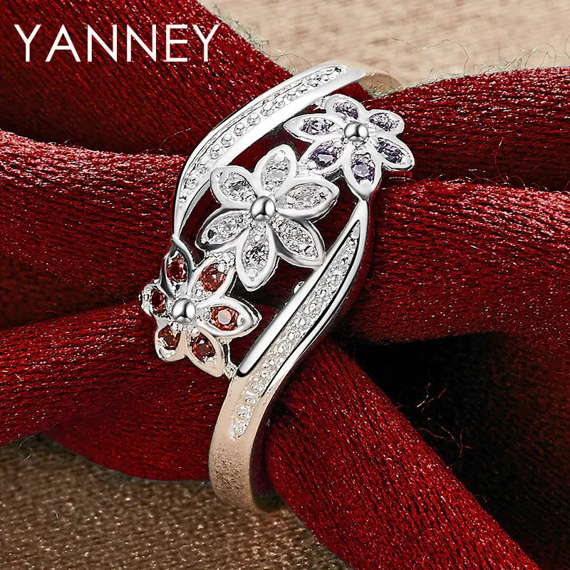 Beautiful 925 Sterling Silver Luxury Colored Flower Zircon Ring For Wedding Women Engagement Charm Jewelry Gifts Accessories