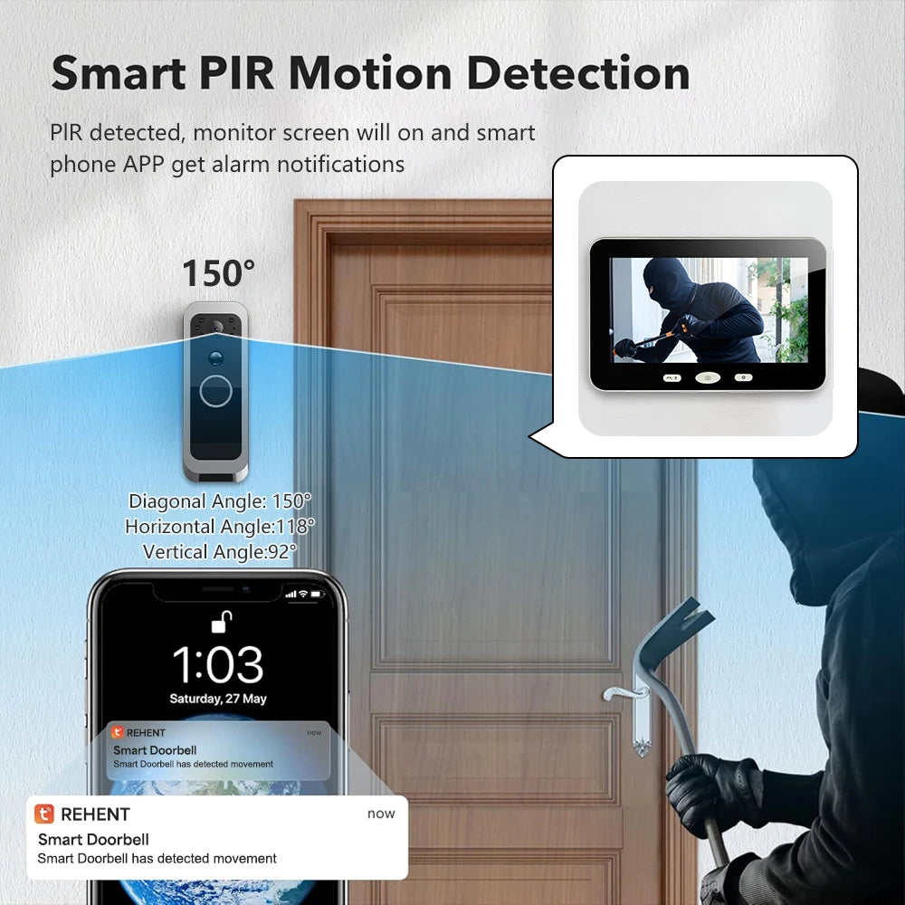 Tuya Smart Life 1080P WiFi Video Doorbell Battery 100% Wireless Door Intercom System PIR Outdoor Camera 5Inch Monitor Screen