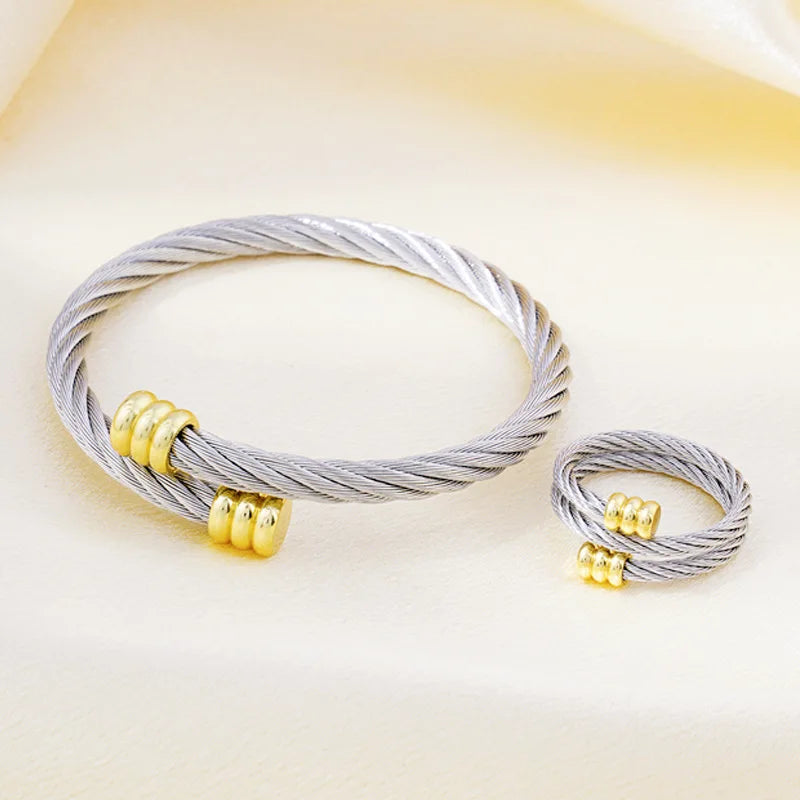 New Fashion Bangle Ring Set for Women Men Punk Stainless Steel Wrist Metal Bracelet No Fade Color Jewelry Accessories Gifts