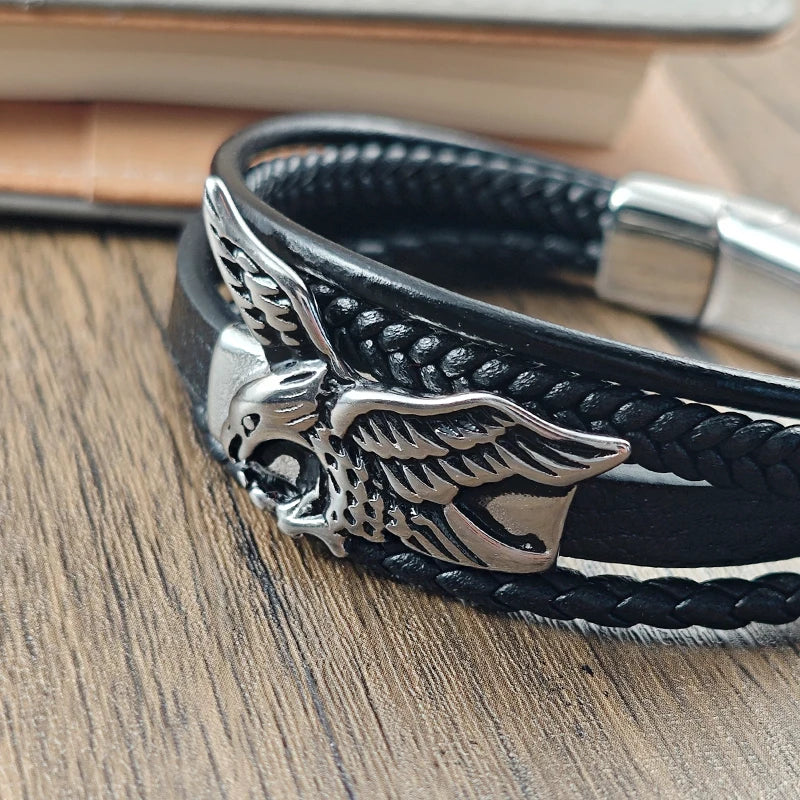 New Fashion Men Bracelet Hand Homme Eagle Bracelets Woven Hand Jewelry For Stainless Steel Magnet Clasp Leather Bangles Gift