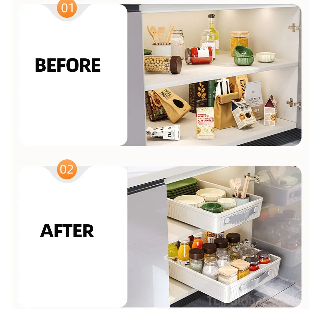 Kitchen Sliding Cabinet Shelf with Slide Rails Drawer Pull Out Storage Tray Spice Rack Bowl Dish Shelf Pantry Kitchen Organizer
