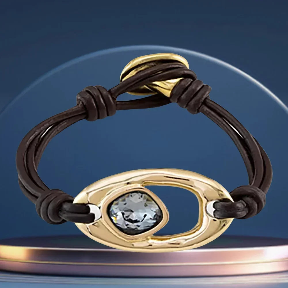 Sparkling Soft Leather Rope Gold Irregular Square Gray Crystal Bracelet in Summer, Women's Accessory, Gift for Friends' Banquets