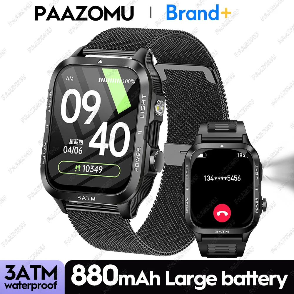New Smartwatch 880MAH Ultra Battery 3ATM Waterproof 1.96''HD Screen Bluetooth Call Health Monitor Flashlight Sports Smart Watch