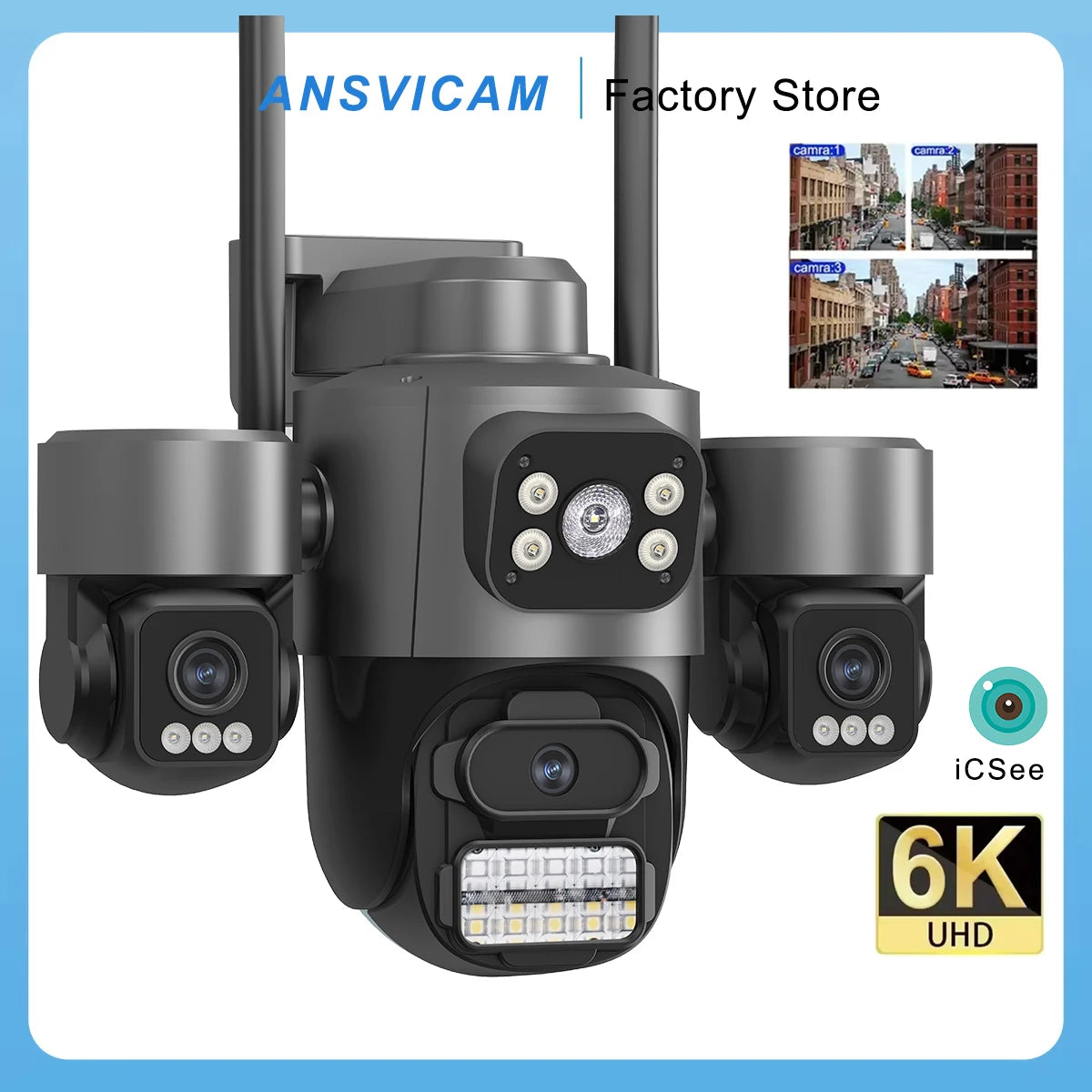 ICsee 6K HD Triple Lens PTZ Outdoor Security Camera 12MP Auto Tracking WiFi CCTV Camera with 3 Screens Night Vision Waterproof