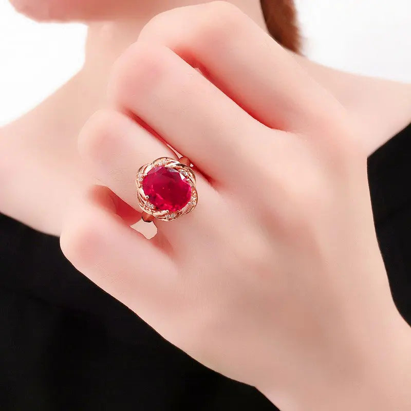 585 Purple Gold 14K Rose Gold Inlaid Flower Ruby Rings For Women Adjustable Elegant Crystal Charm Wedding Engagement Jewelry
