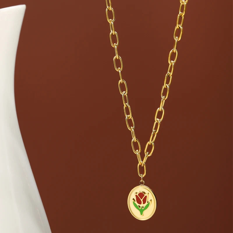 New Stainless Steel Necklace for Women Rose Pattern Pendant Choker Chain Necklace Engagement Party Fashion Jewelry Gifts