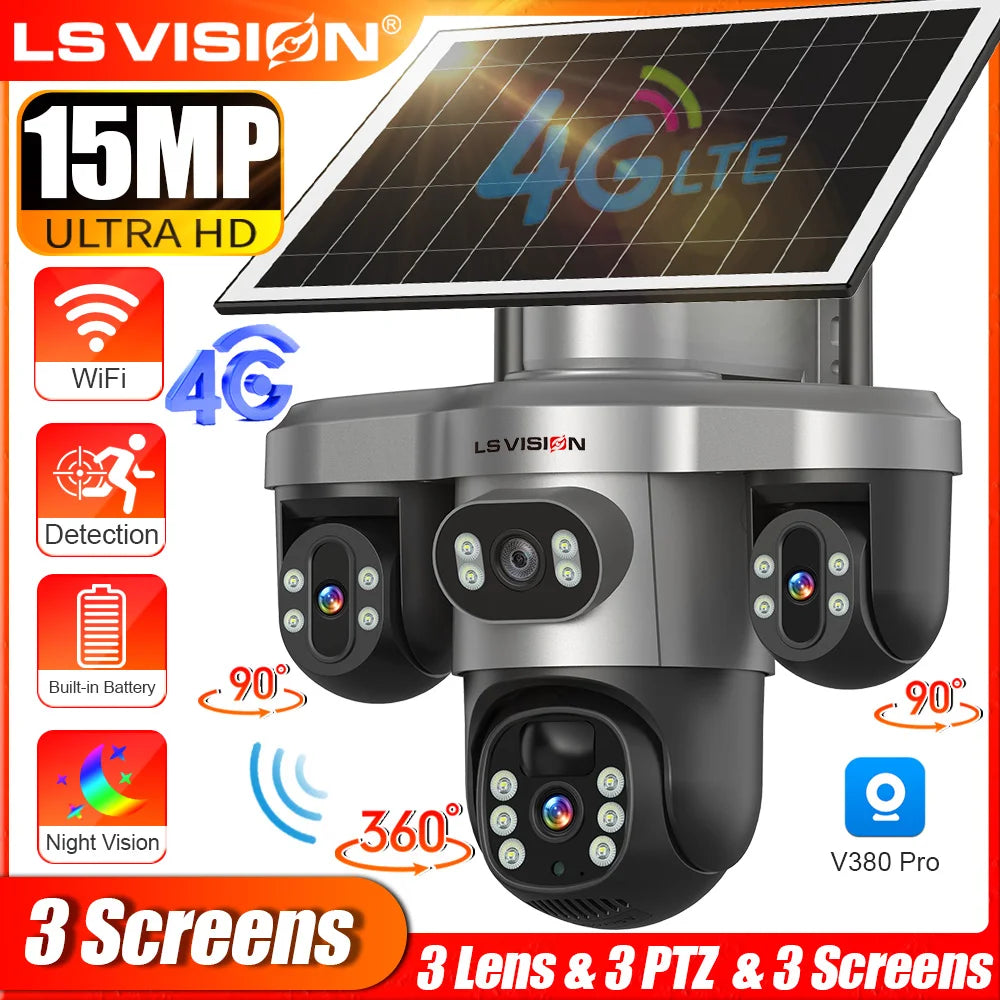 LS VISION 15MP 4G/WiFi Solar Camera Three Screens 10X Zoom Outdoor Surveillance Cameras Security PTZ PIR Night Vision CCTV V380
