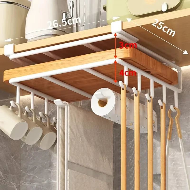 Kitchen Cabinet Under Shelf Metal Cupboard Hanging Hooks Mug Cup Hanger Cutting Board Pot Cover Holder Towel Tissue Storage Rack